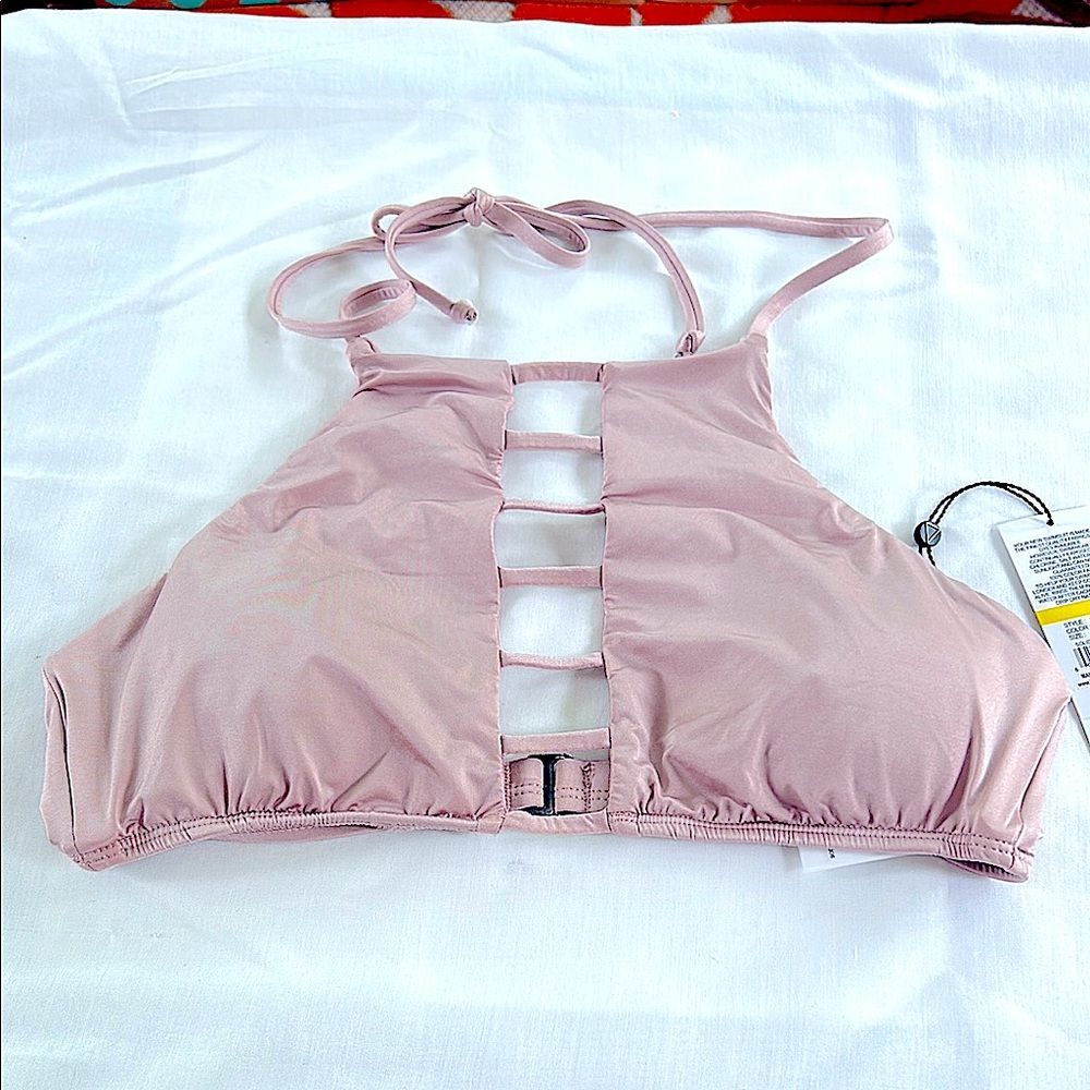 The Bikini Lab Ladder High Neck Halter Tie Bikini Top NWT Blush Pink